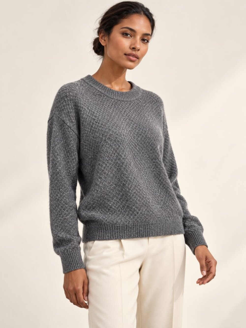 Quince Womens Small Charcoal Baby Alpaca Merino Wool Diamond Stitch Crew Sweater